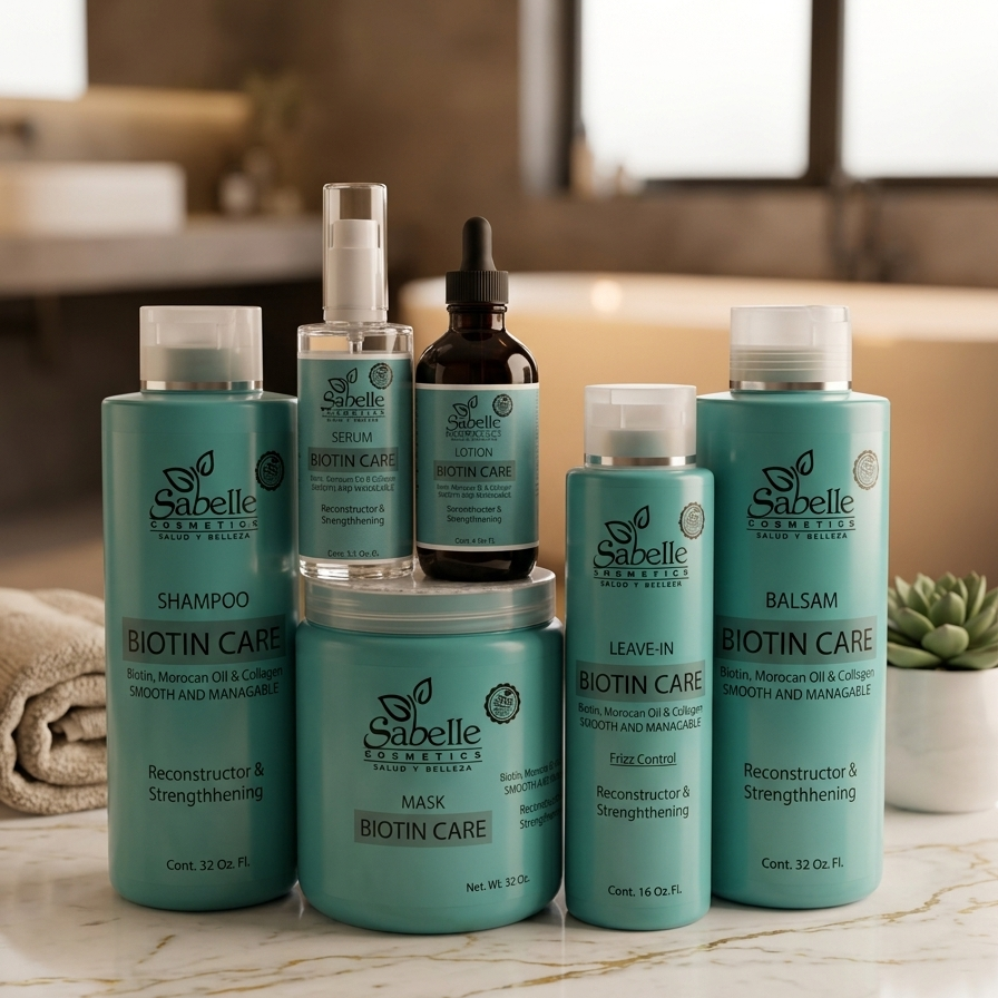 Collection of Sabelle Biotin Care hair care products on a bathroom counter.