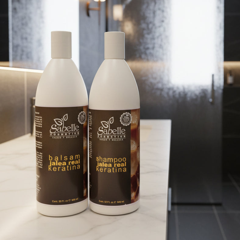 Two bottles of Sabelle hair care products on a bathroom counter.