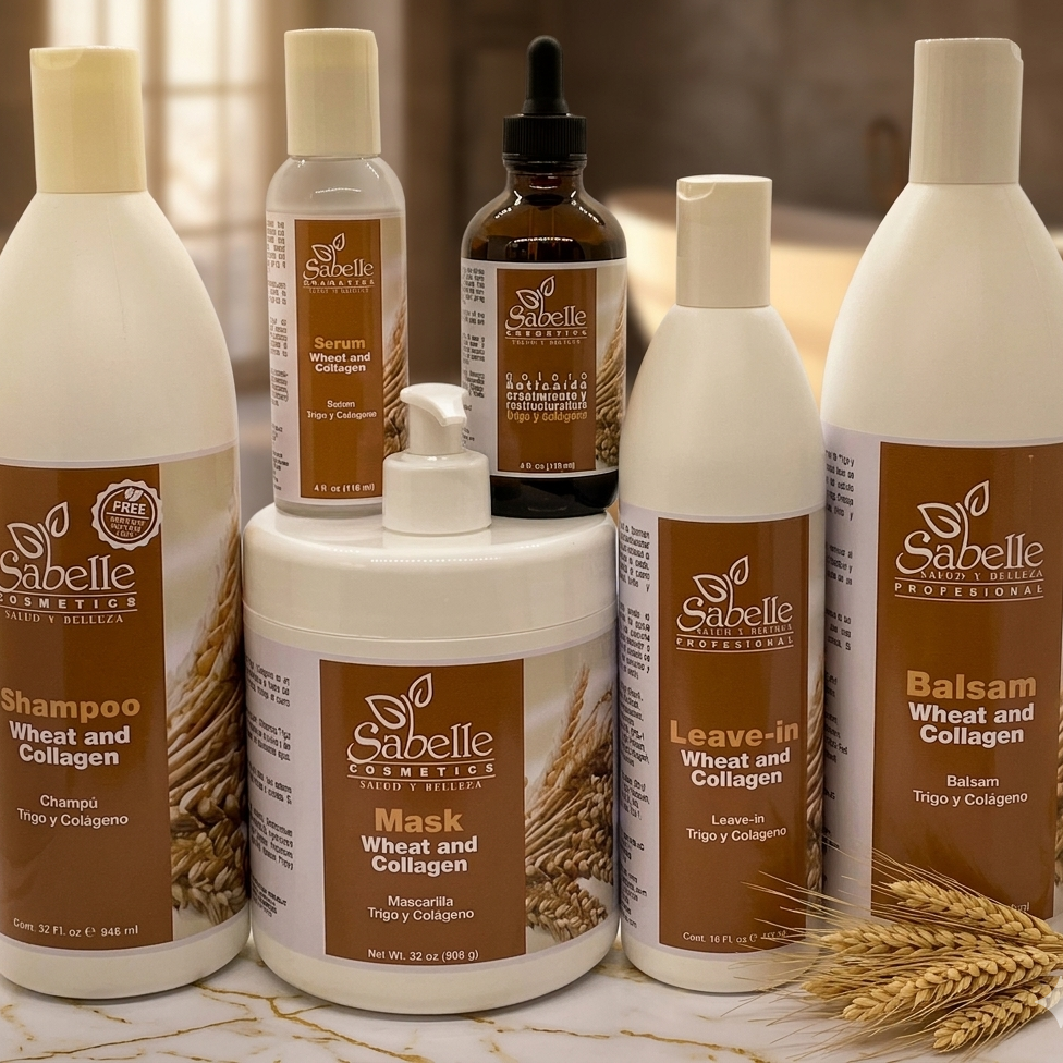 Sabelle Cosmetics product line including shampoo, mask, and balm on a neutral background.