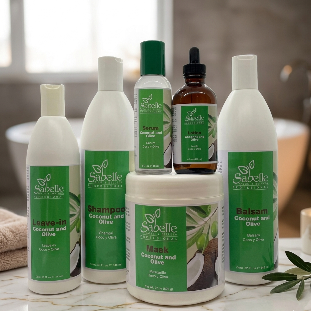 Collection of Sabelle hair care products on a marble surface with a blurred background