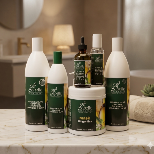 Collection of Sabelle hair care products on a bathroom counter.