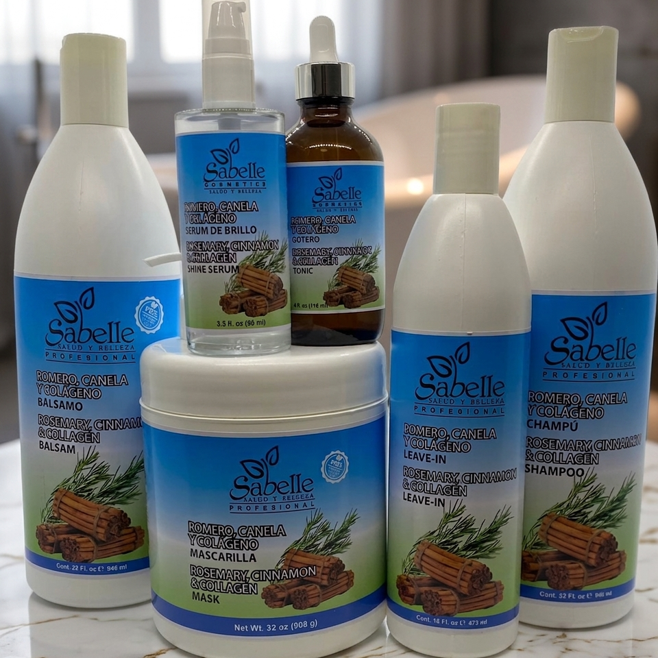 Collection of Sabelle hair care products on a marble surface.