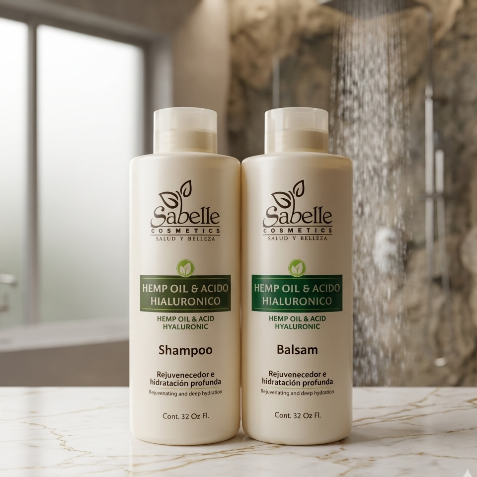 Two bottles of Sabelle Cosmetics shampoo and balm on a marble surface with a blurred bathroom background.