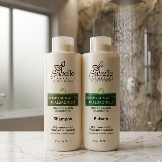 Two bottles of Sabelle Cosmetics shampoo and balm on a marble surface with a blurred bathroom background.
