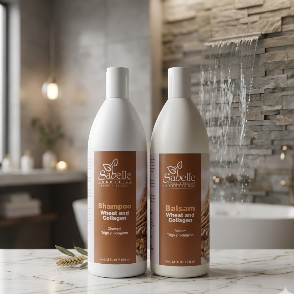 Two bottles of Sabelle shampoo and balm on a bathroom counter with a stone wall background.