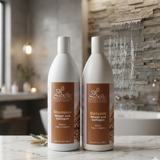 Two bottles of Sabelle shampoo and balm on a bathroom counter with a stone wall background.