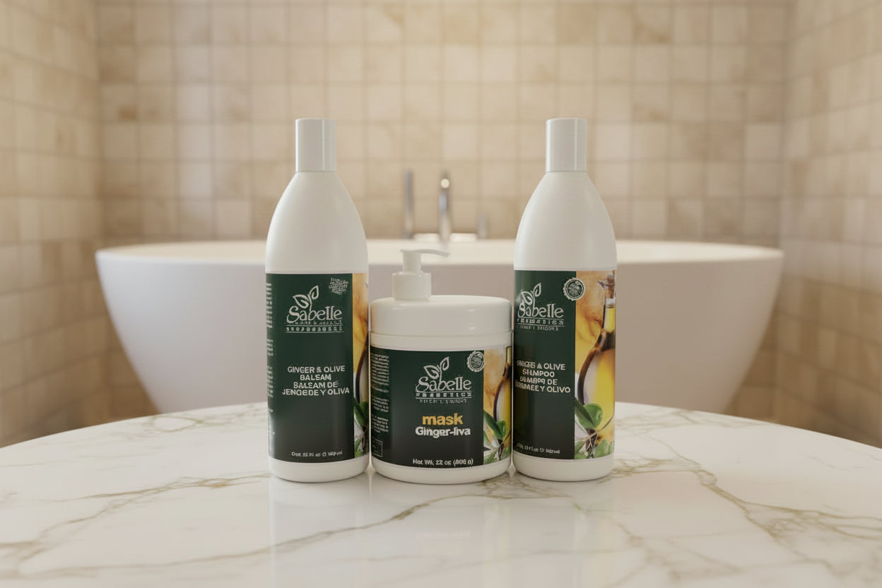Sabelle hair care products including bottles and a jar