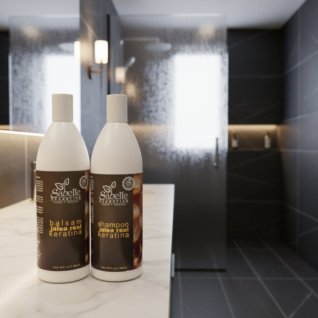 Two bottles of Sabelle hair care products on a bathroom counter.