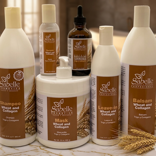 Sabelle Cosmetics product line including shampoo, mask, and balm on a neutral background.
