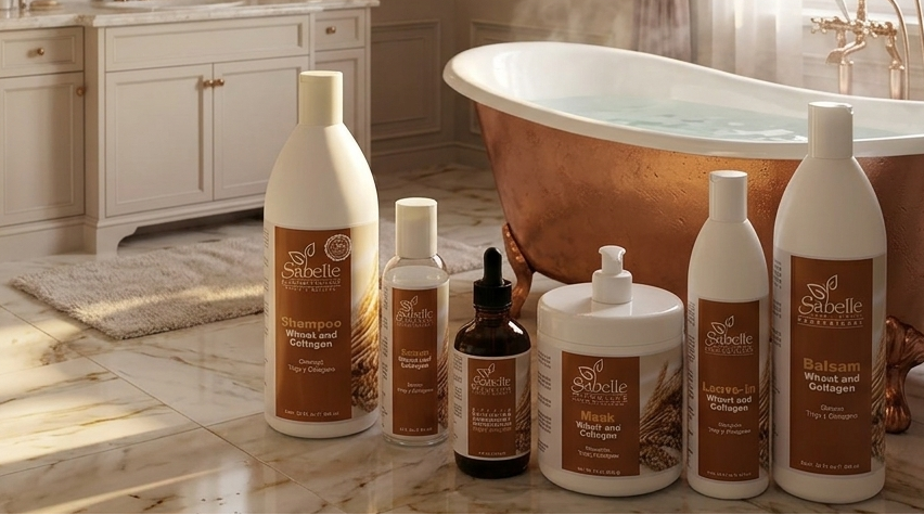 Collection of Sabella products on a bathroom floor with a bathtub in the background